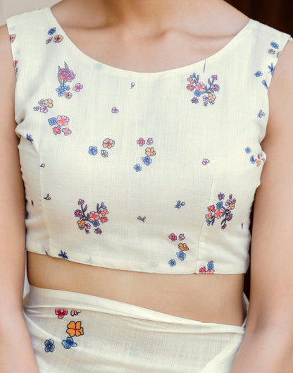 Cream Linen Floral Printed Saree