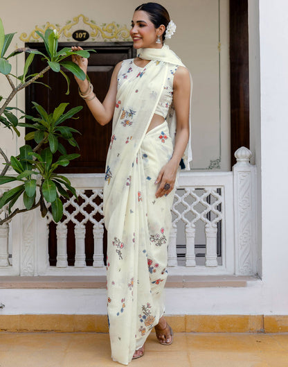 Cream Linen Floral Printed Saree