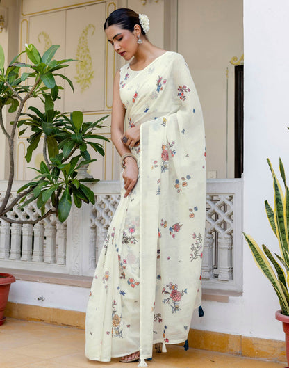Cream Linen Floral Printed Saree