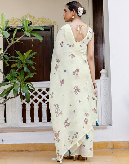 Cream Linen Floral Printed Saree