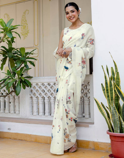 Cream Linen Floral Printed Saree