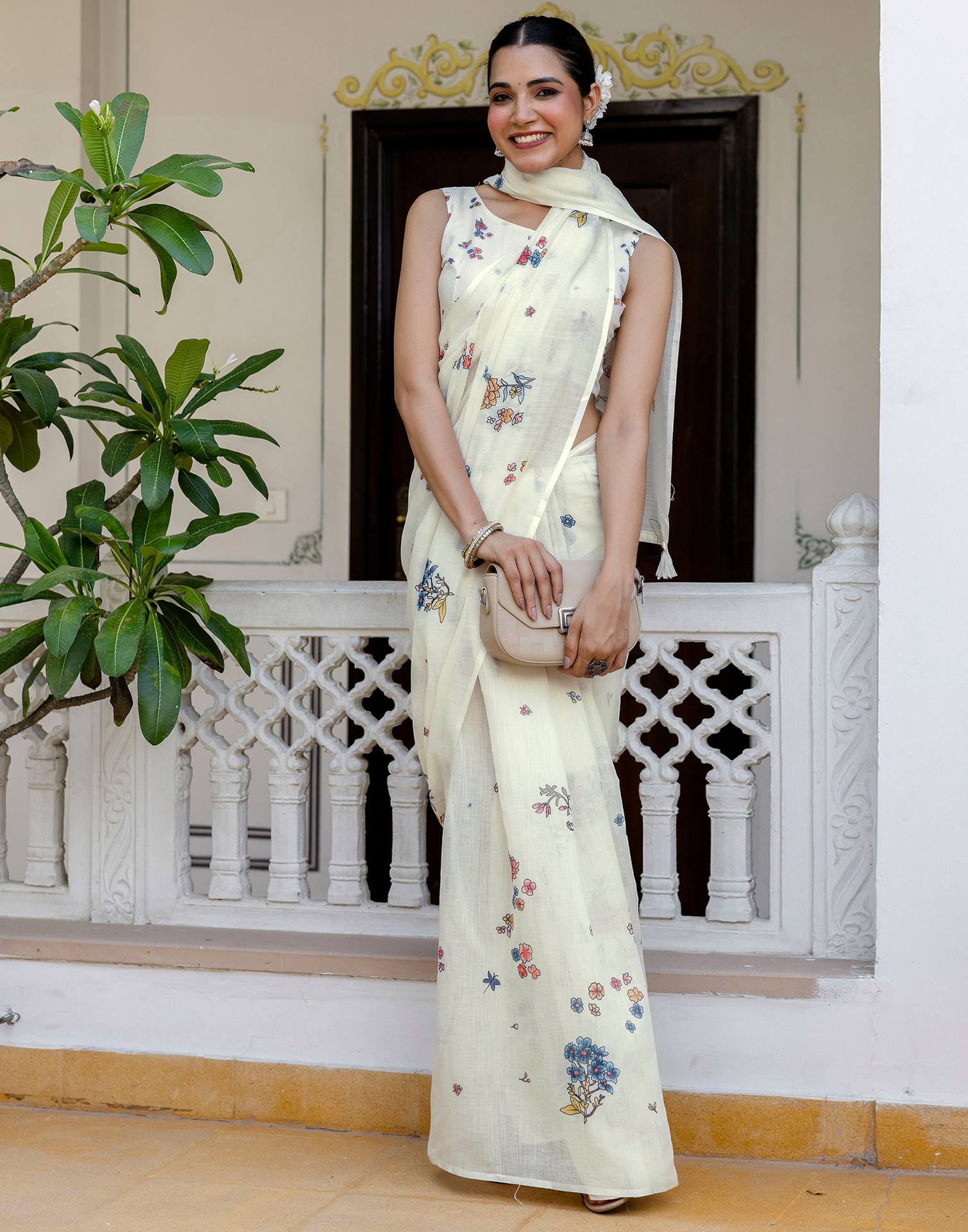 Cream Linen Floral Printed Saree