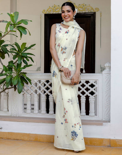 Cream Linen Floral Printed Saree