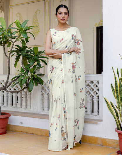 Cream Linen Floral Printed Saree