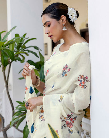 Cream Linen Floral Printed Saree
