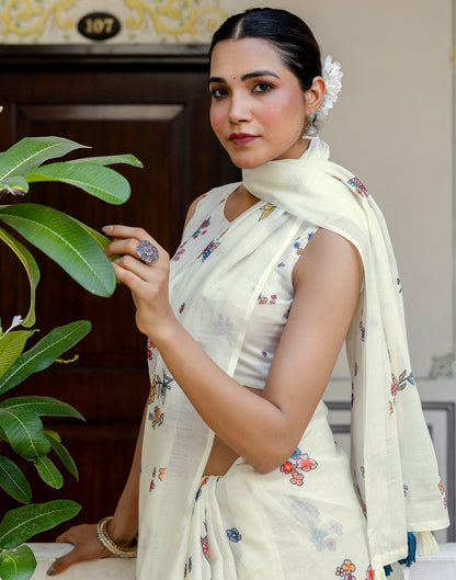 Cream Linen Floral Printed Saree