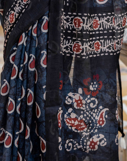 Black Linen Floral Printed Saree