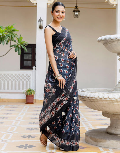 Black Linen Floral Printed Saree