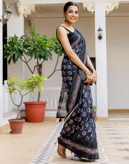 Black Linen Floral Printed Saree