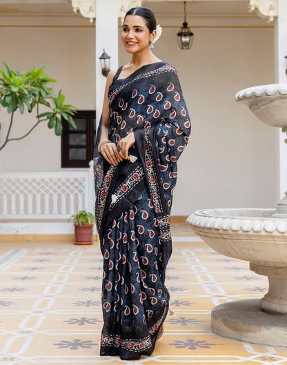Black Linen Floral Printed Saree
