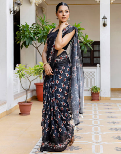 Black Linen Floral Printed Saree