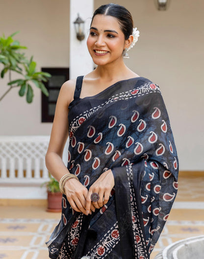 Black Linen Floral Printed Saree