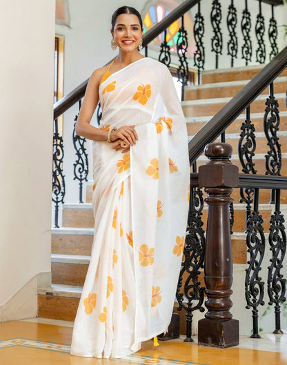 Off White Linen Floral Printed Saree