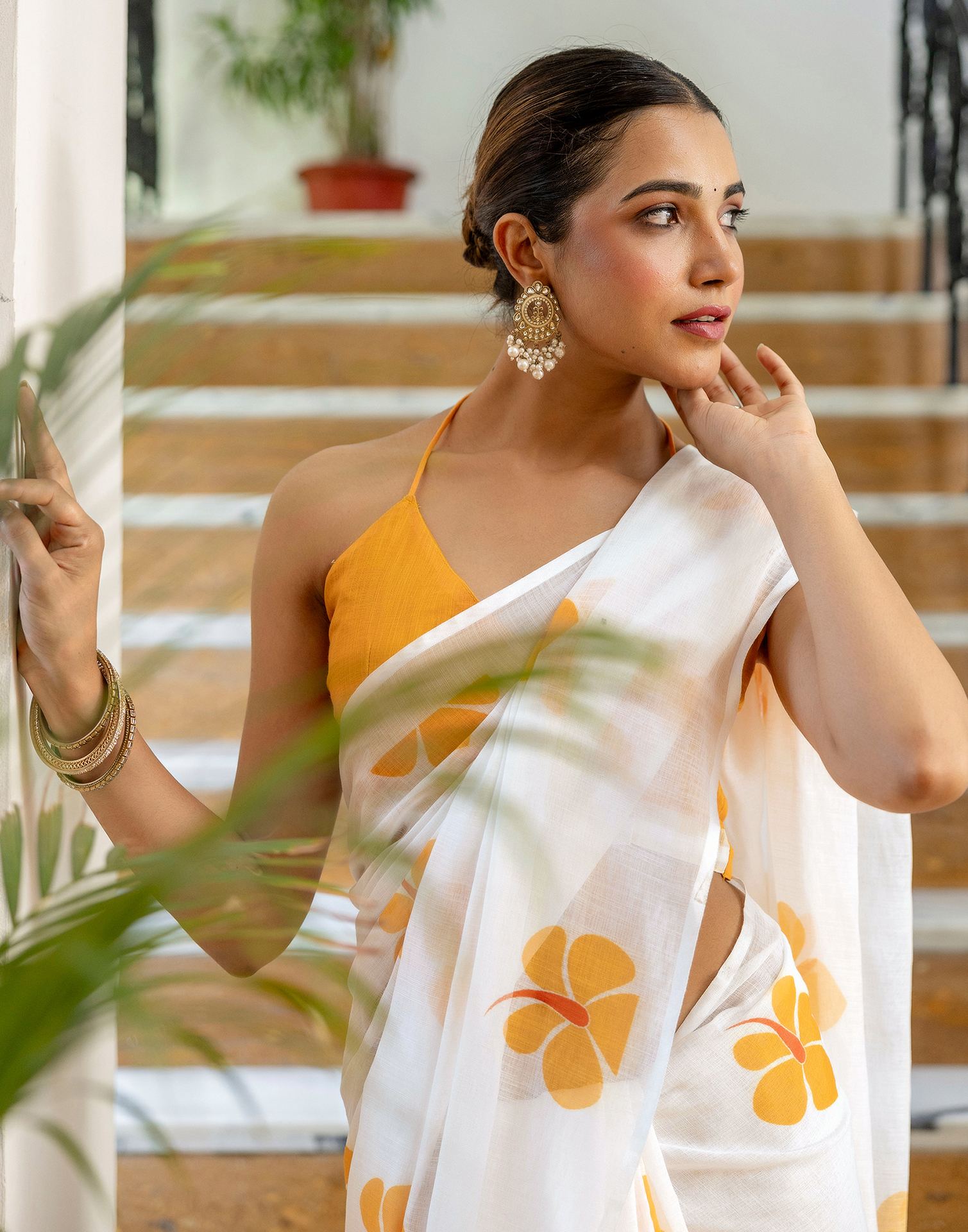 Off White Linen Floral Printed Saree