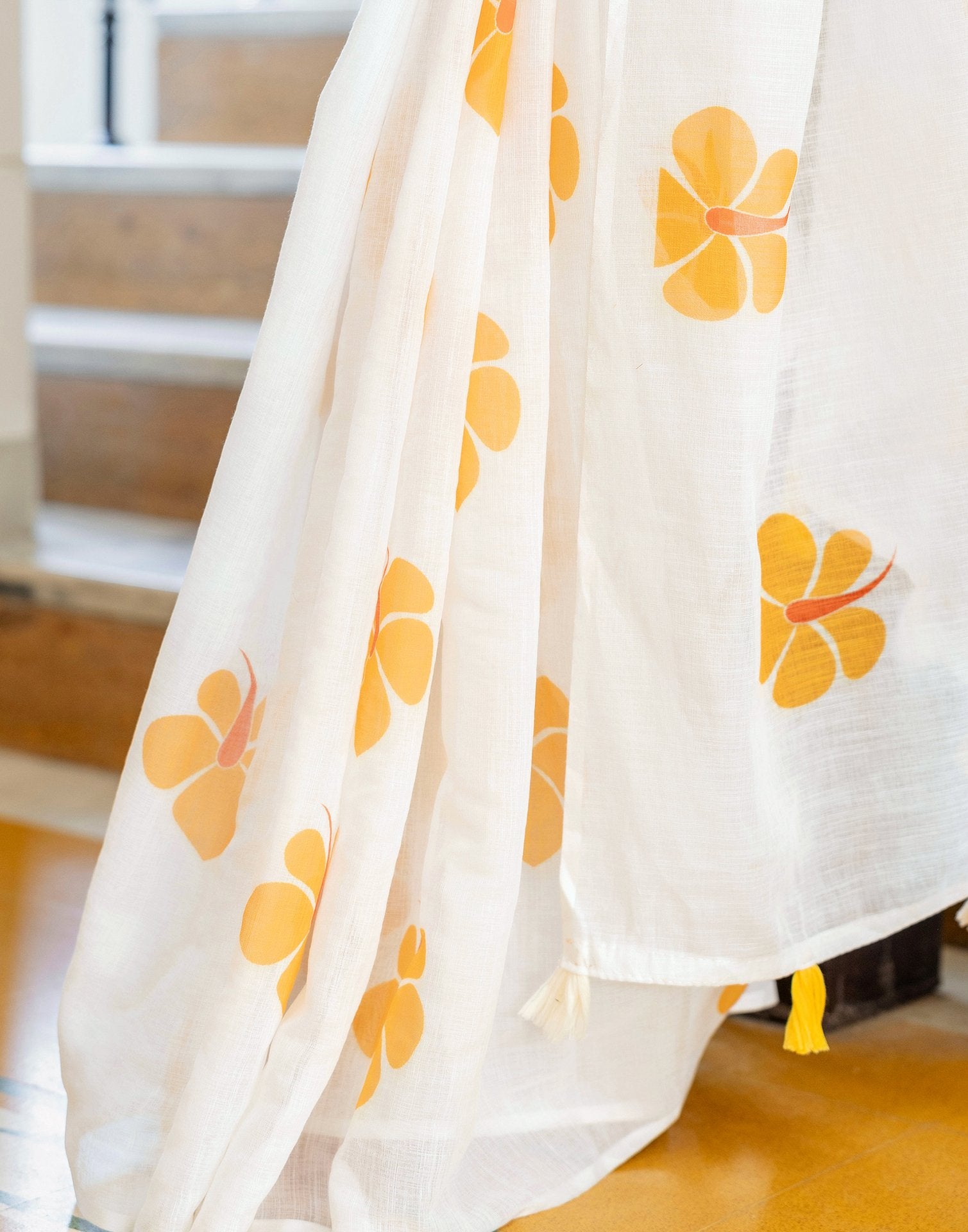Off White Linen Floral Printed Saree