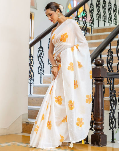 Off White Linen Floral Printed Saree