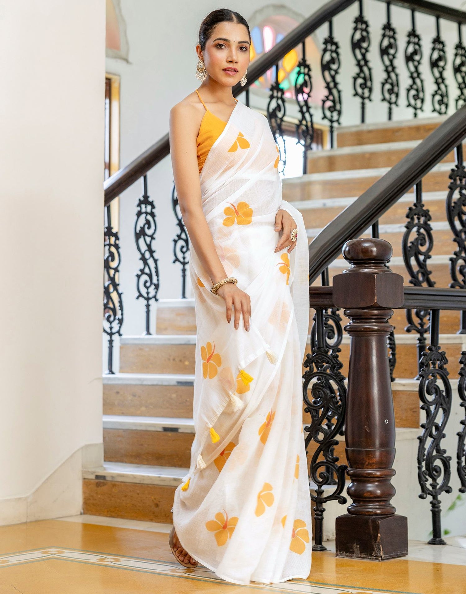 Off White Linen Floral Printed Saree