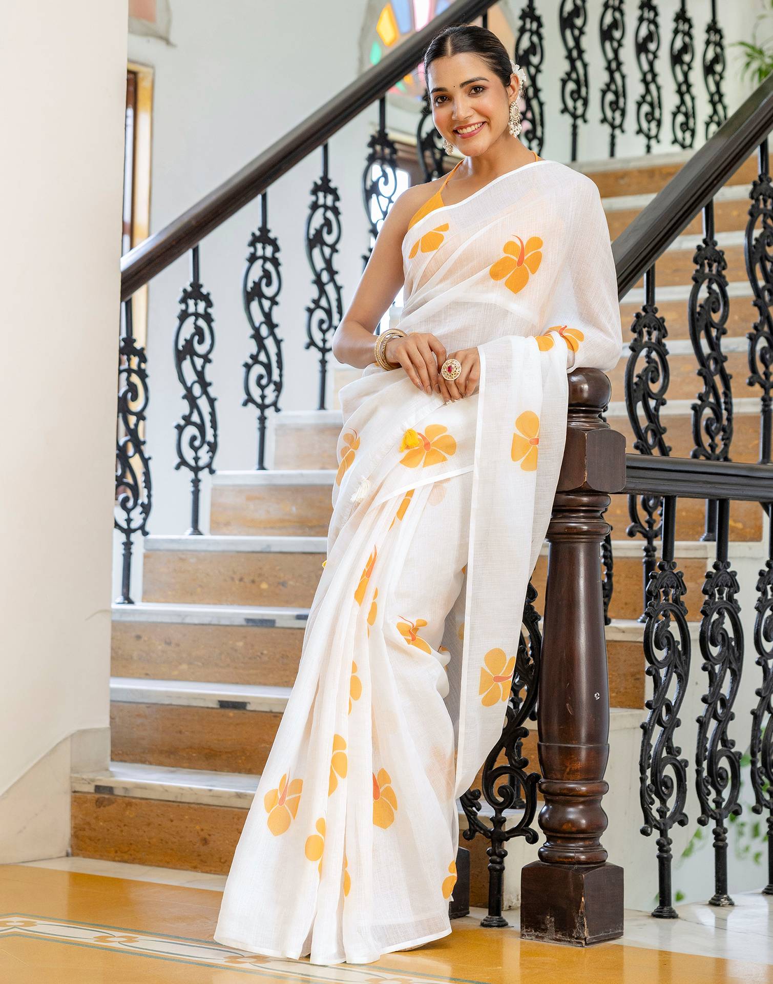 Off White Linen Floral Printed Saree