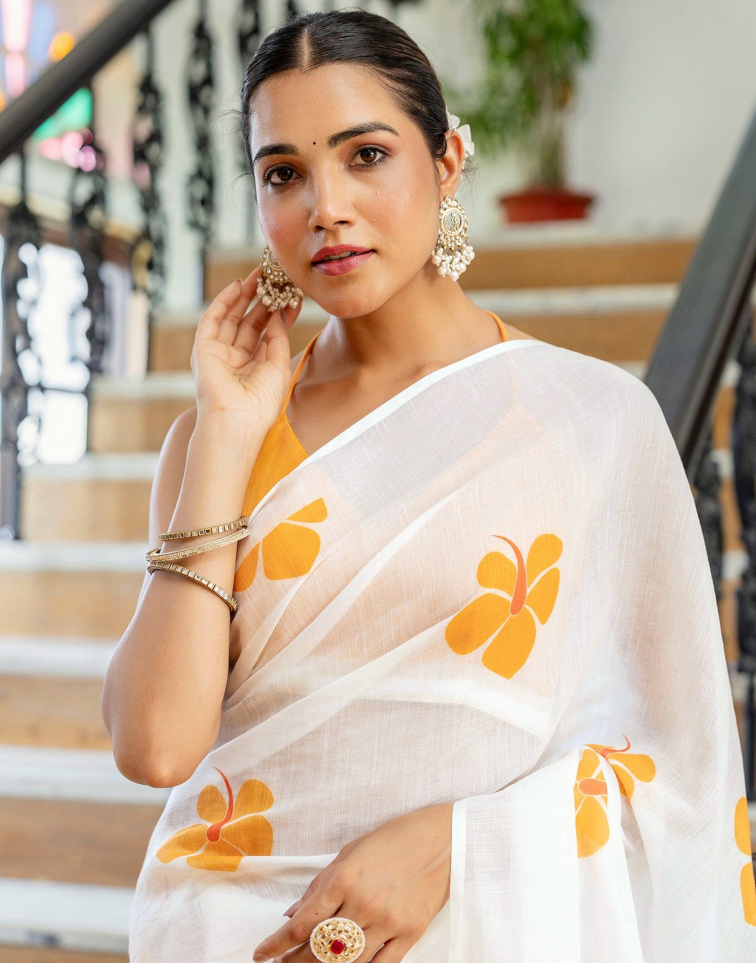Off White Linen Floral Printed Saree