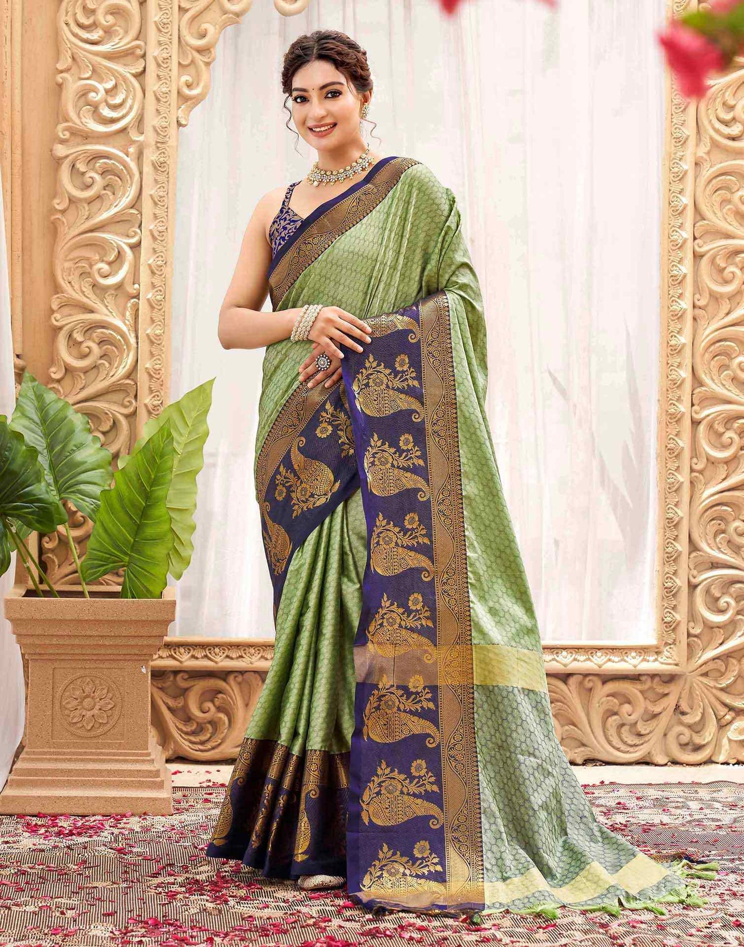 Pista Green Silk Woven Kanjivaram Saree