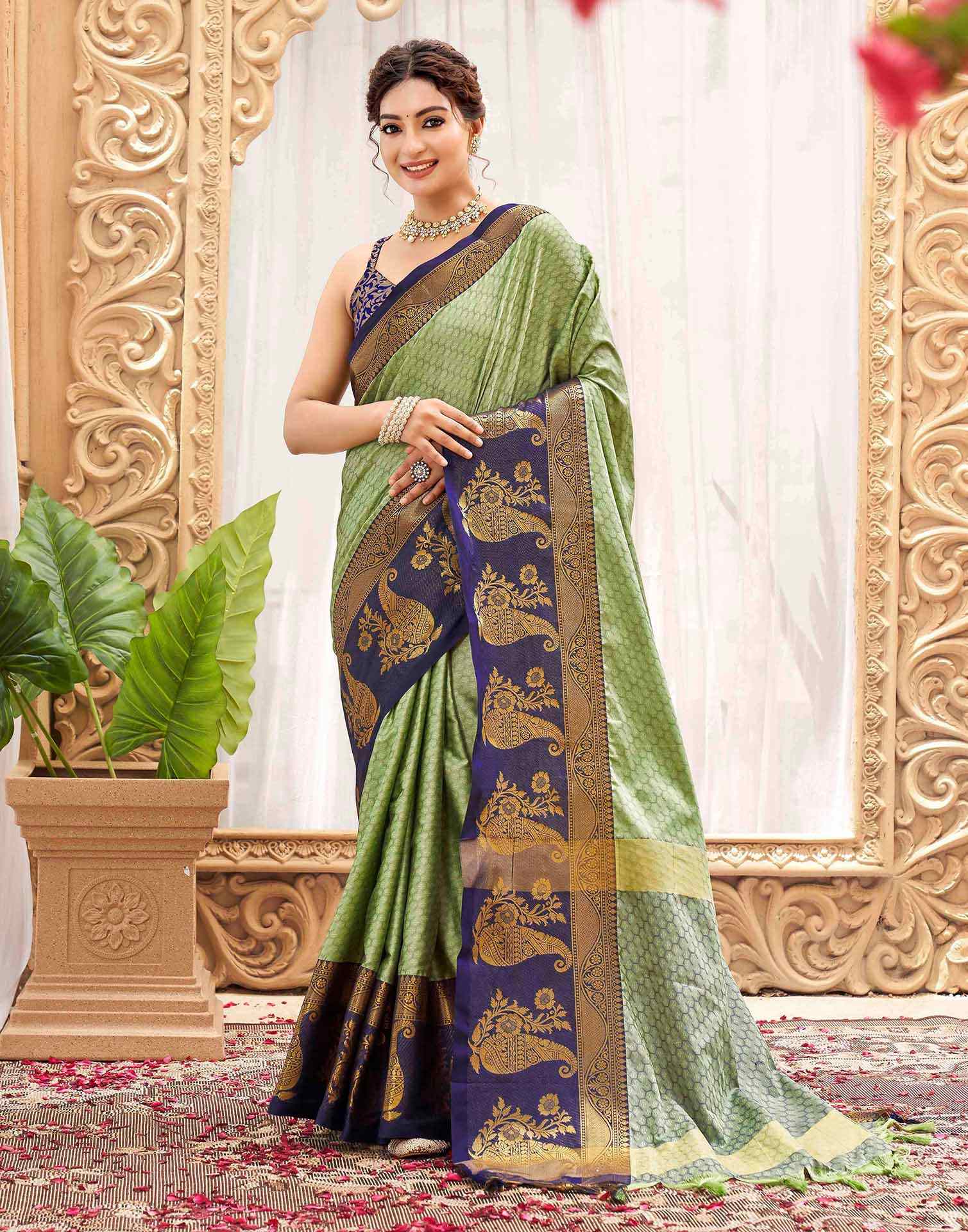 Pista Green Silk Woven Kanjivaram Saree