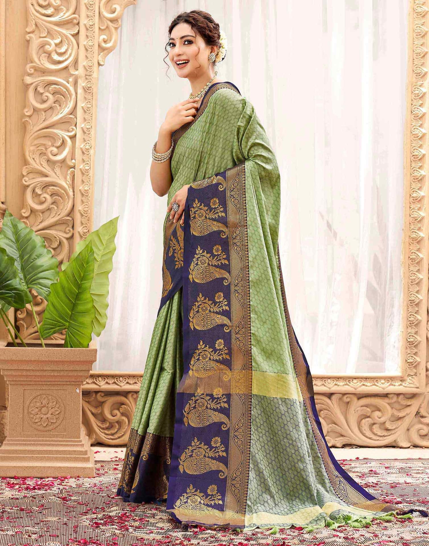 Pista Green Silk Woven Kanjivaram Saree
