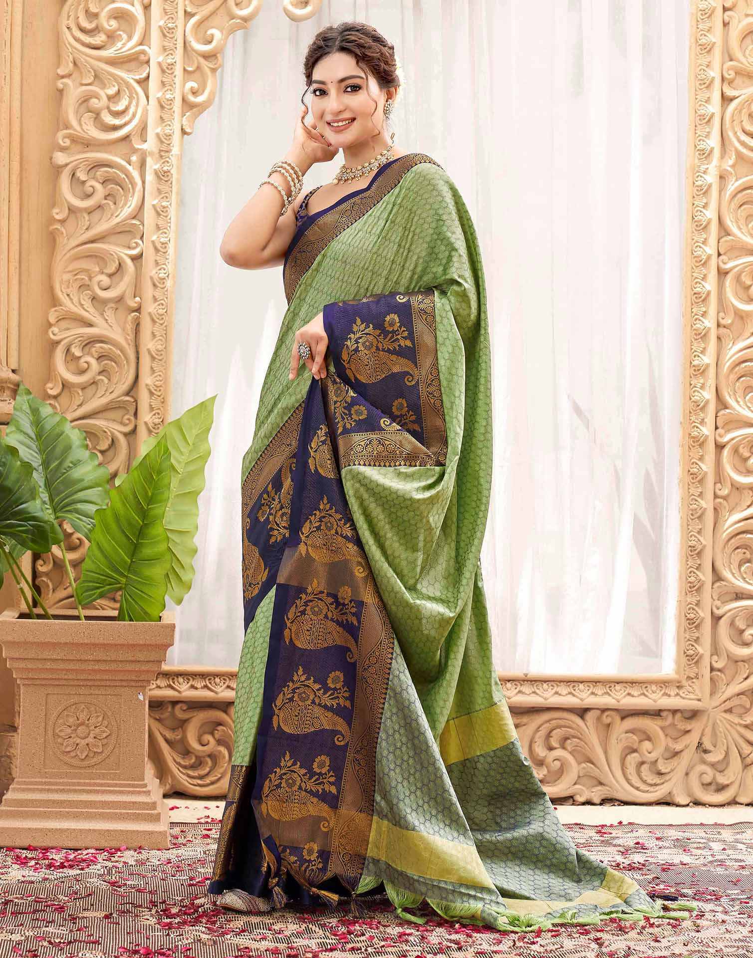 Pista Green Silk Woven Kanjivaram Saree
