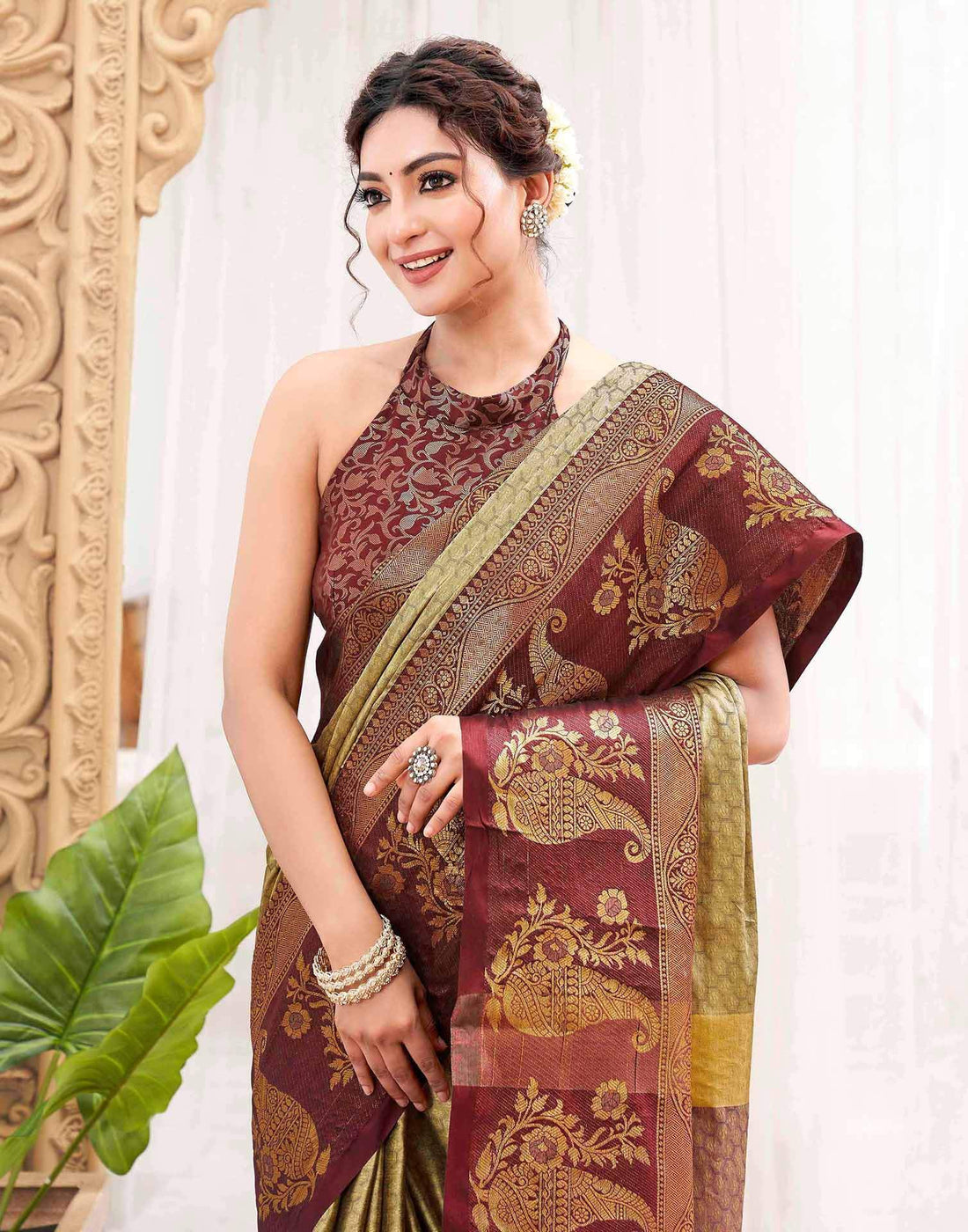 Khaki Silk Woven Kanjivaram Saree