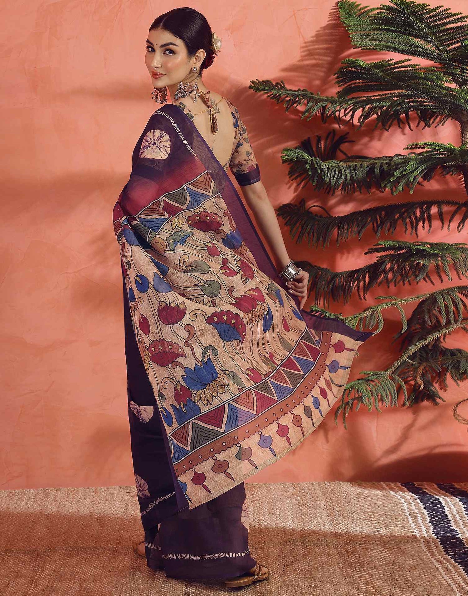 Dark Purple Linen Printed Saree