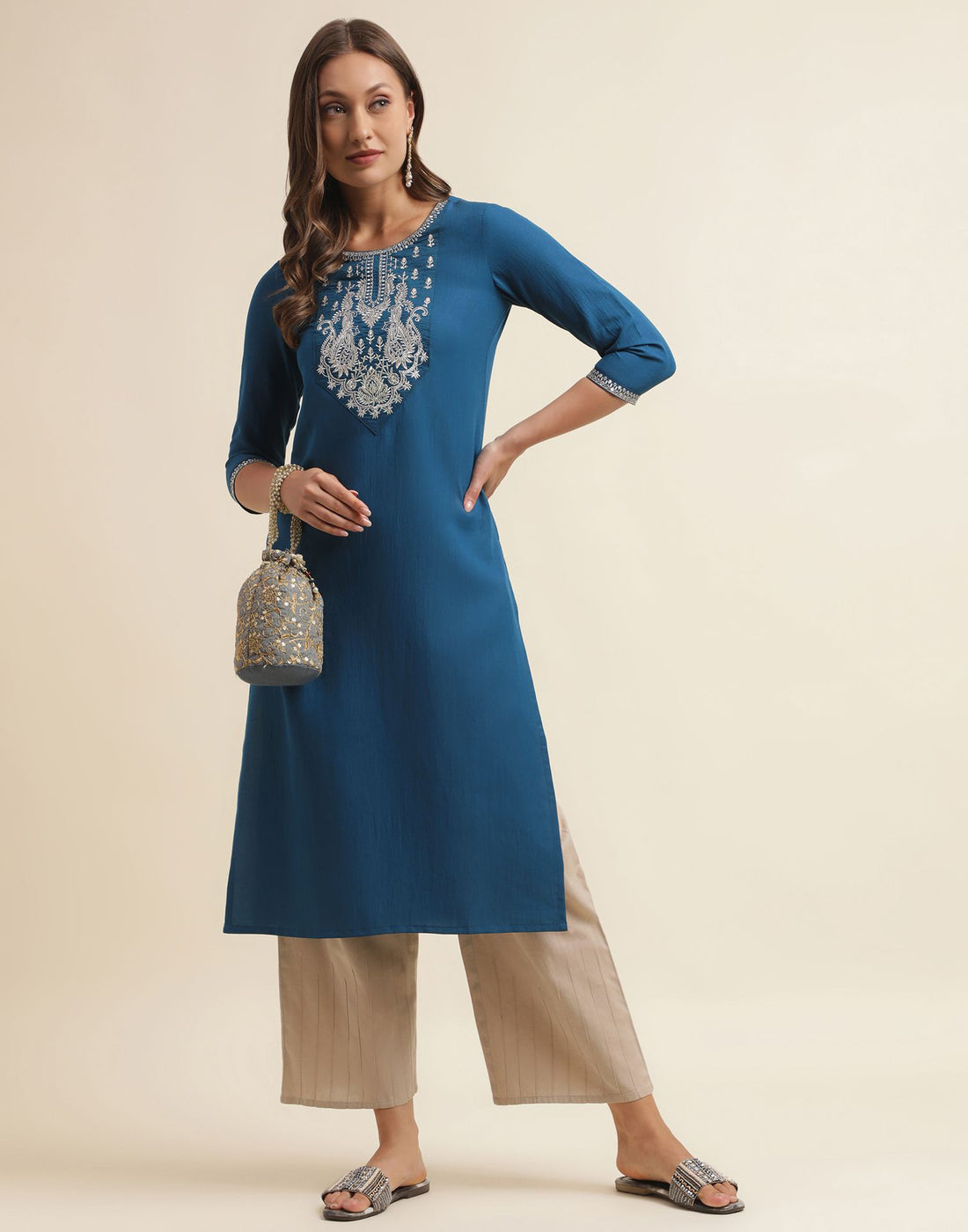 Sea Blue Embroidery Chinnon Straight Kurta