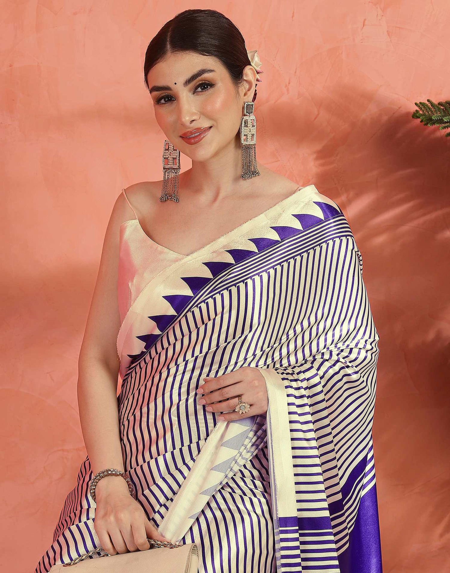 Cream Satin Printed Saree