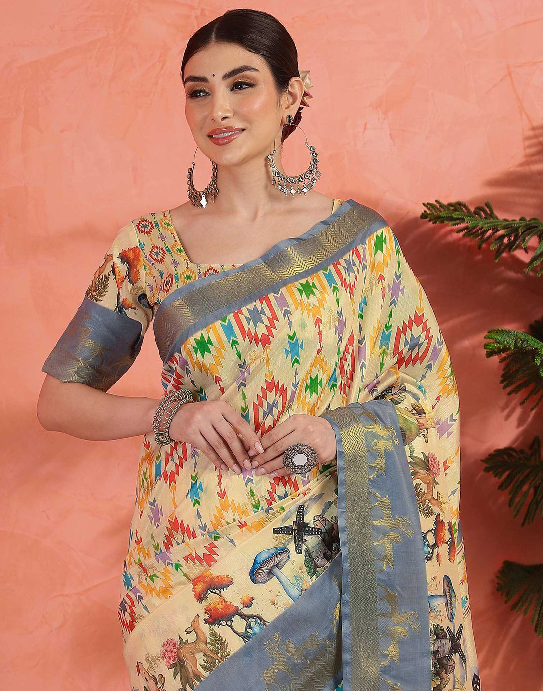 Cream Silk Printed Saree