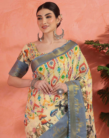 Cream Silk Printed Saree