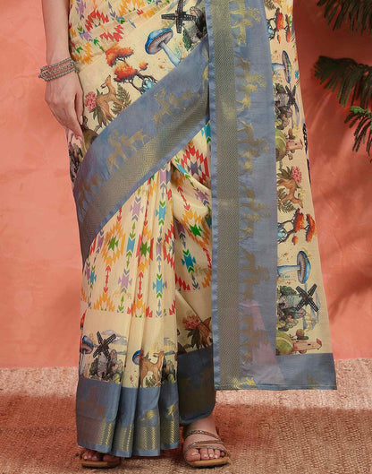 Cream Silk Printed Saree