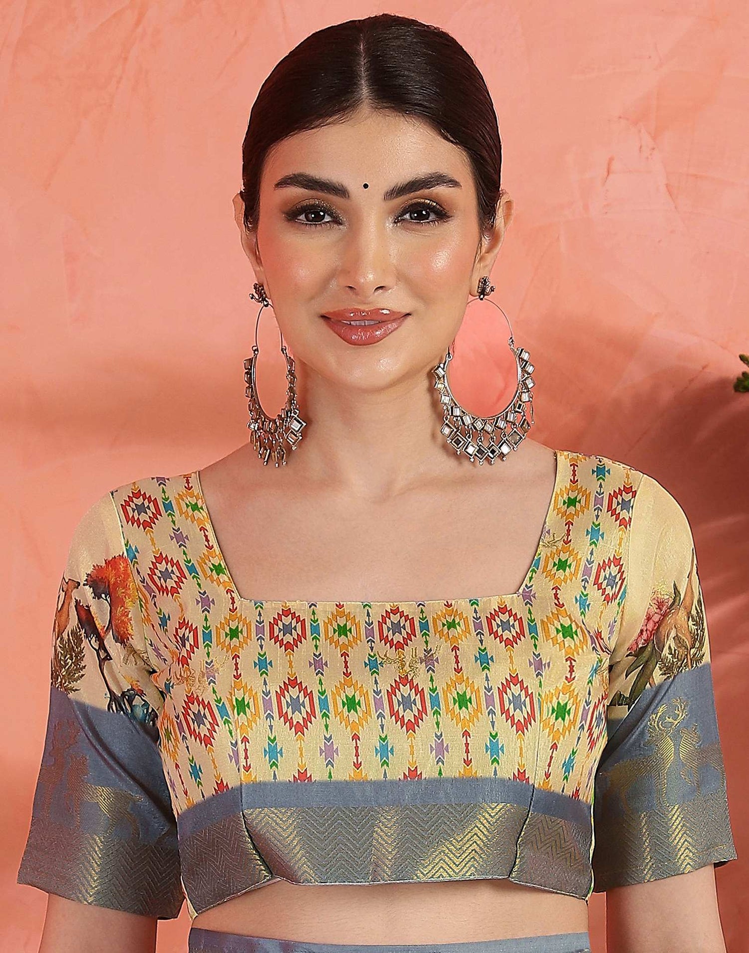 Cream Silk Printed Saree