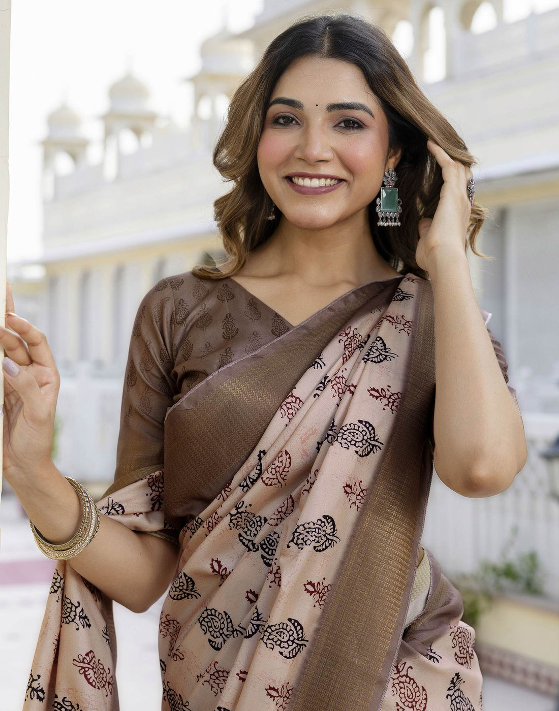 Peach Silk Printed Saree