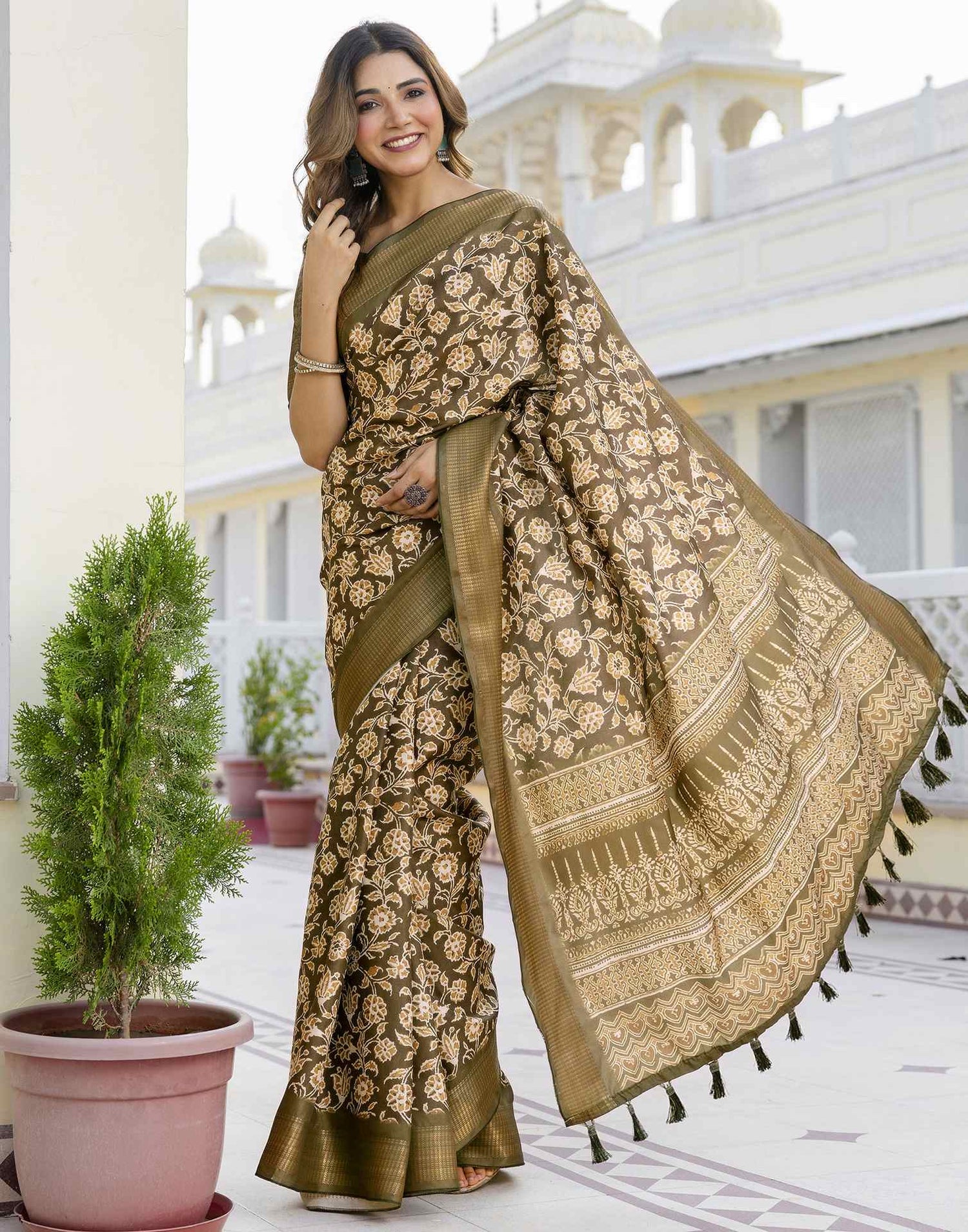 Mehandi Green Silk Printed Saree