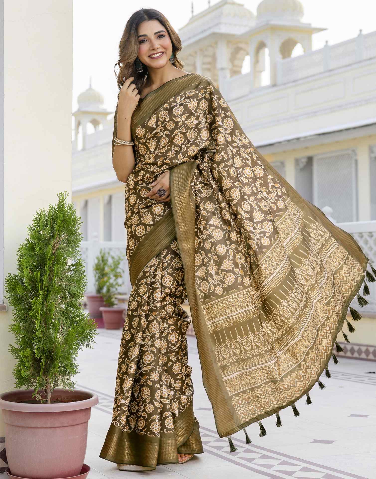 Mehandi Green Silk Printed Saree