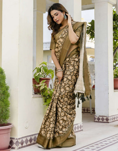 Mehandi Green Silk Printed Saree