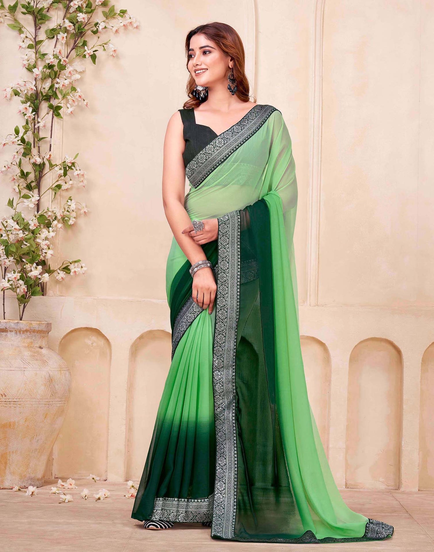 Green Georgette Woven Lace Saree