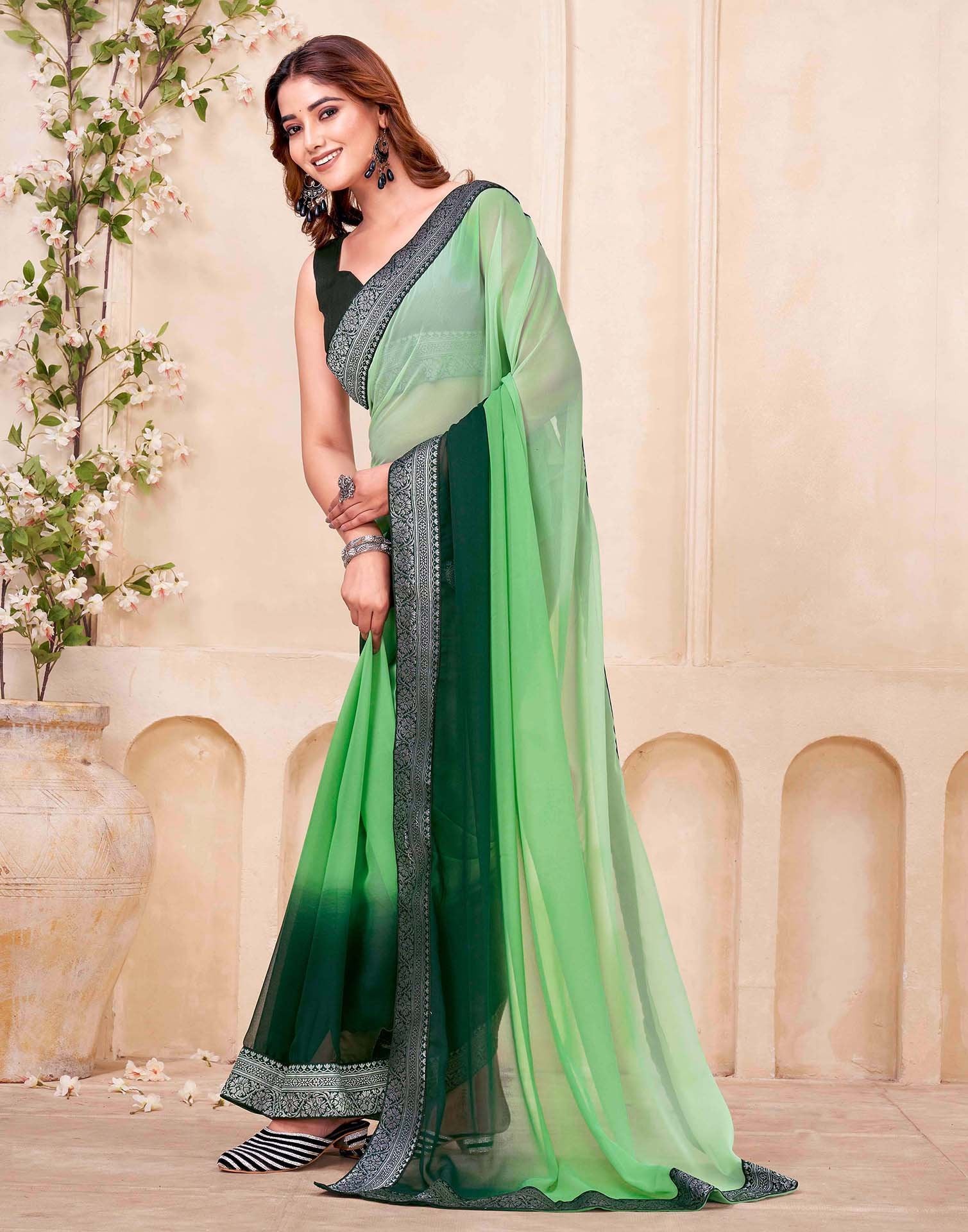 Green Georgette Woven Lace Saree