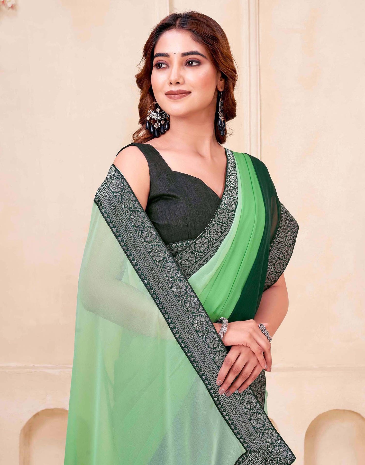 Green Georgette Woven Lace Saree