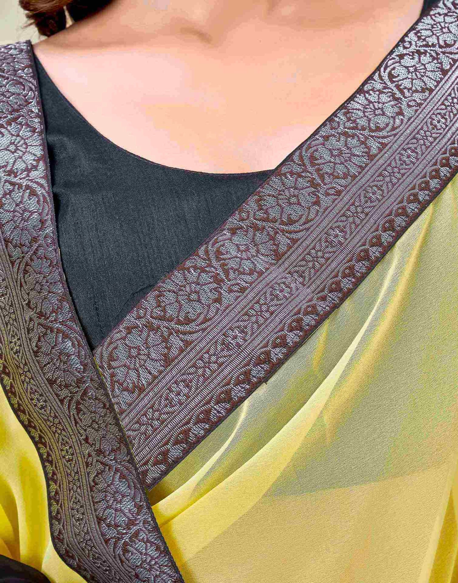 Yellow Georgette Woven Lace Saree