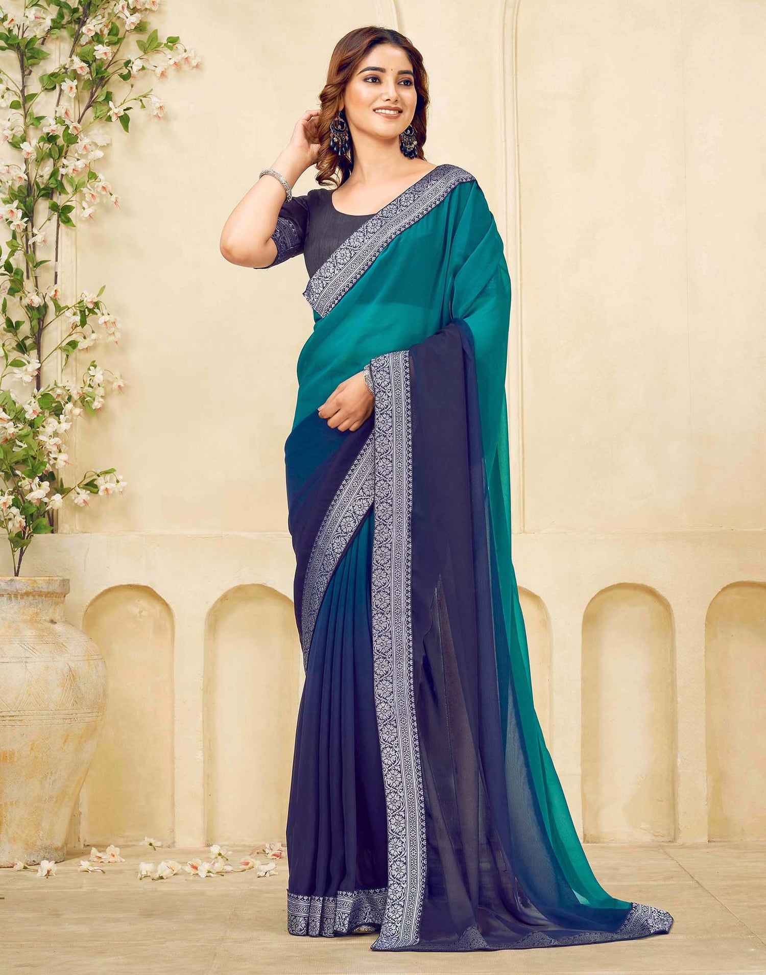 Navy Blue Georgette Woven Lace Saree