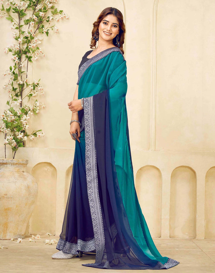 Navy Blue Georgette Woven Lace Saree