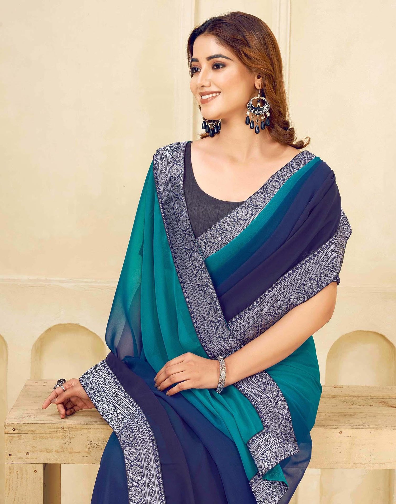Navy Blue Georgette Woven Lace Saree