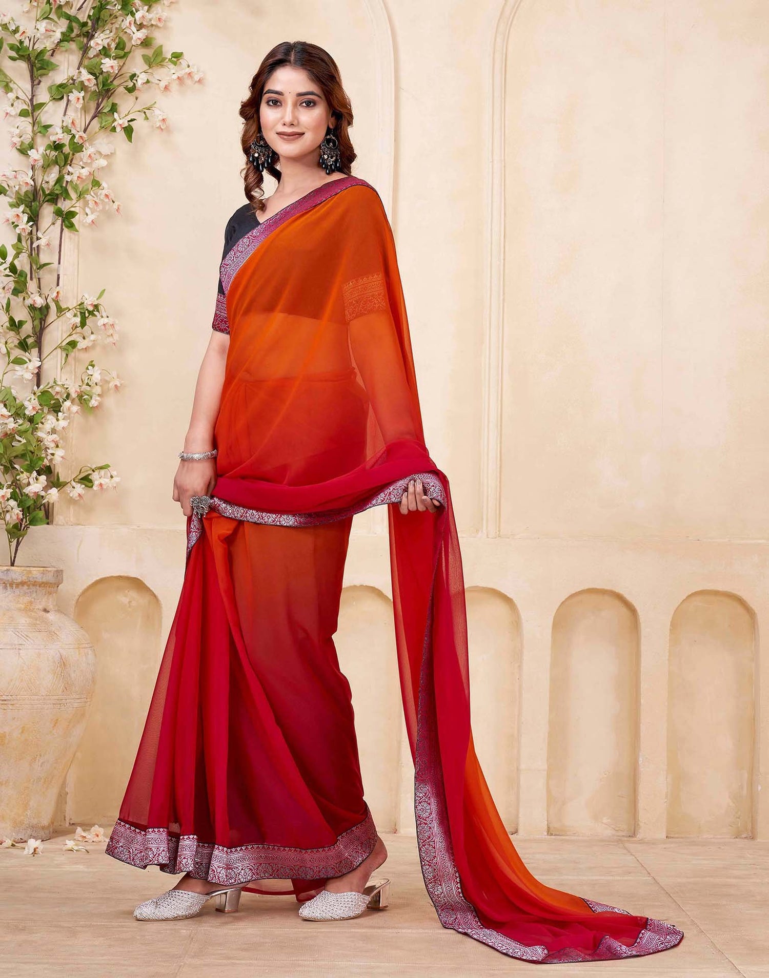 Red Georgette Woven Lace Saree