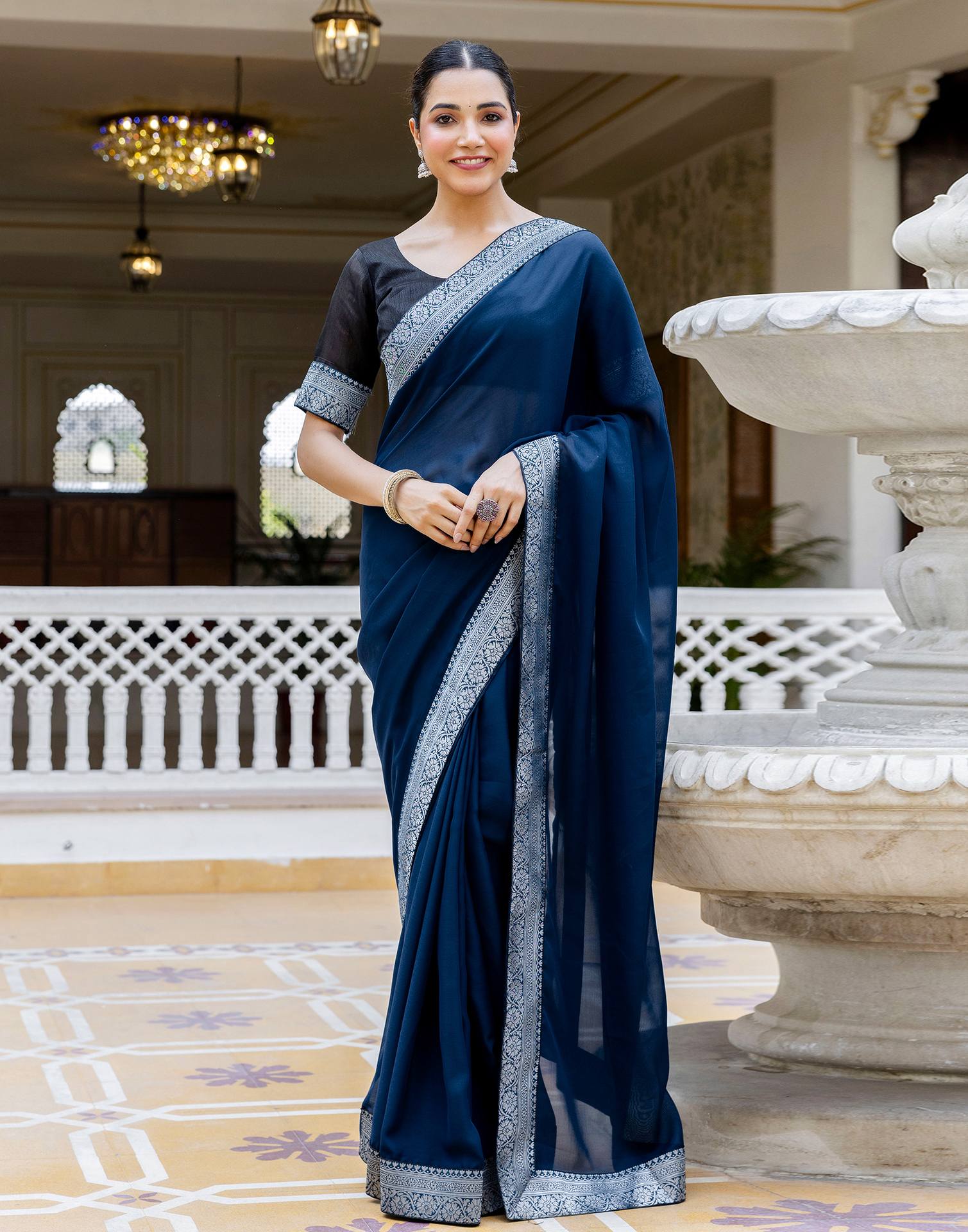 Navy Blue Georgette Woven Lace Saree