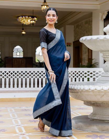 Navy Blue Georgette Woven Lace Saree