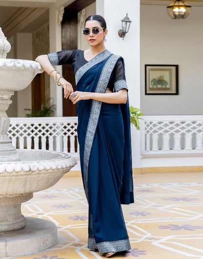 Navy Blue Georgette Woven Lace Saree